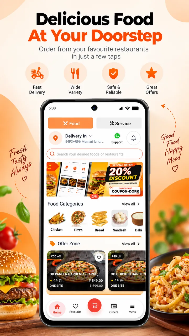 Dorkar app showing food ordering from local restaurants